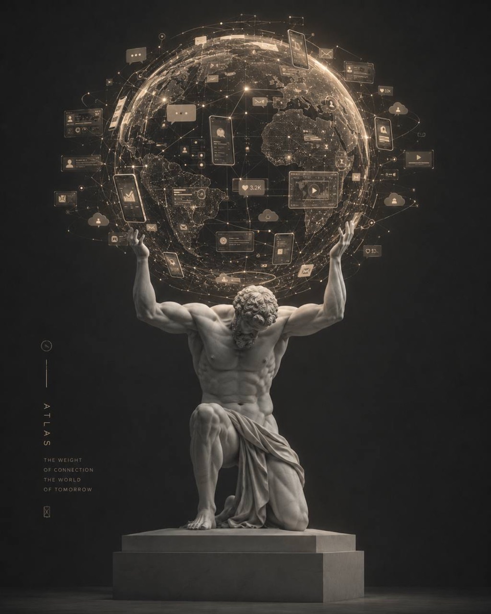 a classical Atlas statue holding a globe of glowing connected interfaces