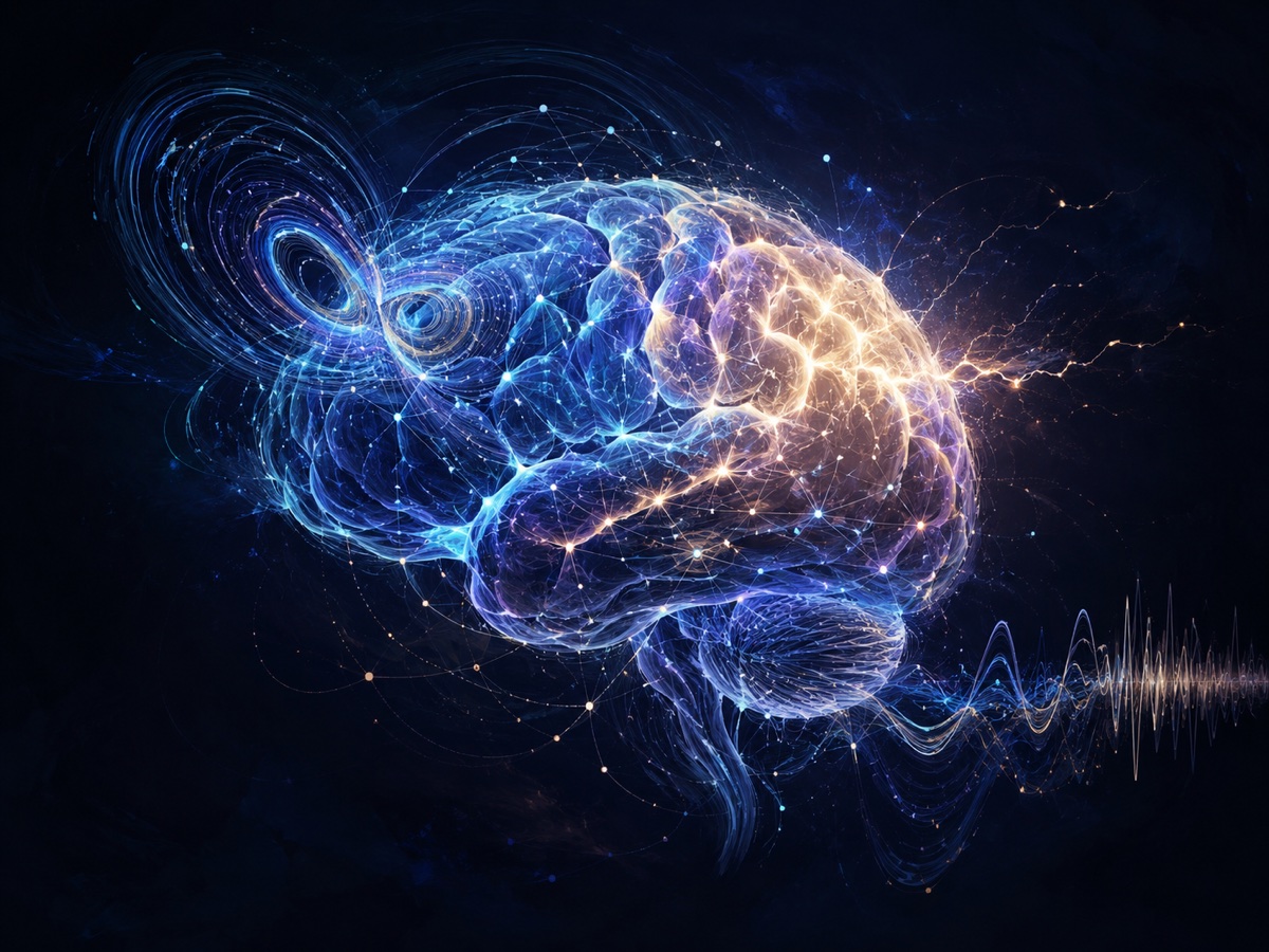 a glowing brain mapped as a network, with a chaotic signal trace emerging from it